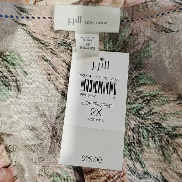 J Jill love linen NWT ruffle cuff vneck tunic floral palms top pink green - Picture 6 of 6